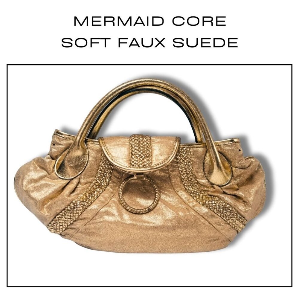 Aldo Gold Metallic Faux Suede Handbag Mermaid Core Braided Ring Detail